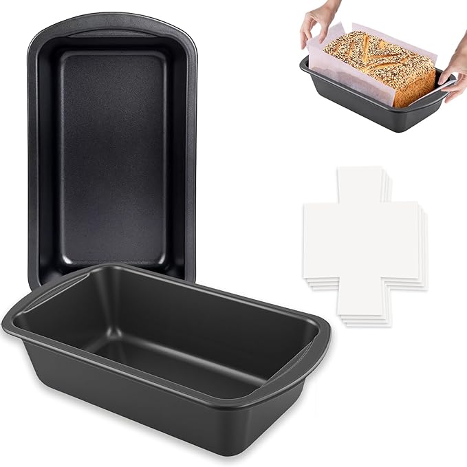 Non-Stick Loaf Pan with 50 Parchment Paper Liners, Premium Carbon Steel Bread Baking Mold for Homemade Bread, Toast, Pound Cake, Meatloaf, BPA Free, Dishwasher Safe, 10x5, 2-PACK