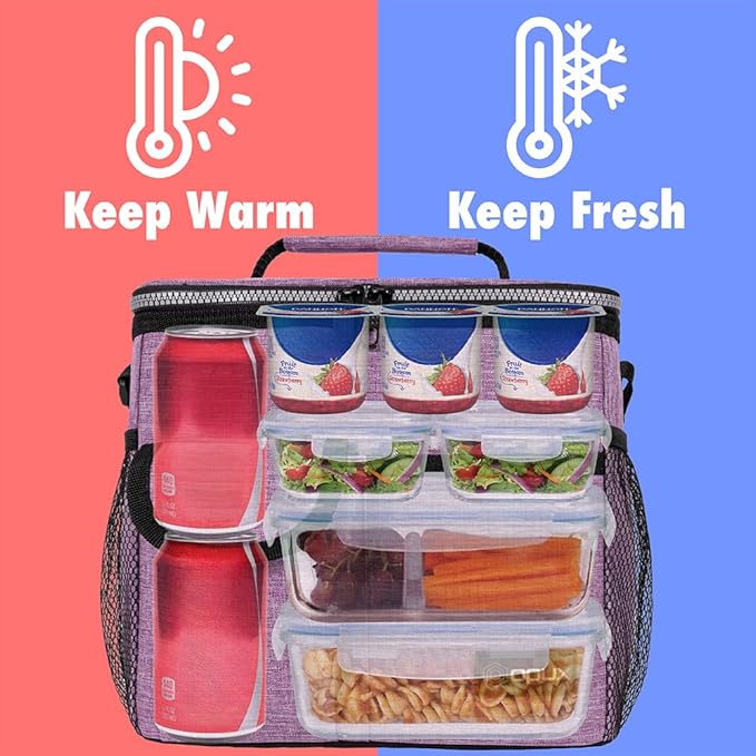 opux Insulated Lunch Bag for Men Women, Leakproof Heather Pink Lunch Box for Work, Portable Soft Lunch Cooler Bag with Shoulder Strap, Adult Lunchbox Lunch Pail for Kid Boy Girl School, 18 Can/10L