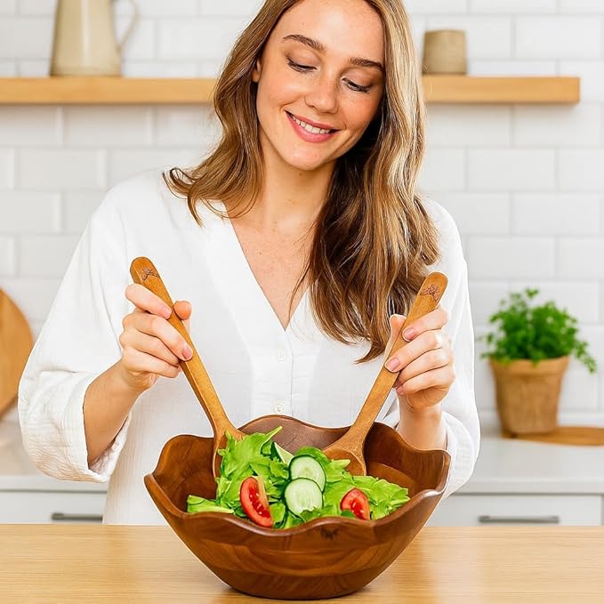 Melvvi Large Wooden Salad Bowl Set with 2 Serving Utensils and 2 Small Bowls | 12" and 6" Acacia Wood Bowls for Food | Mothers Day gift (Natural Set of 5)