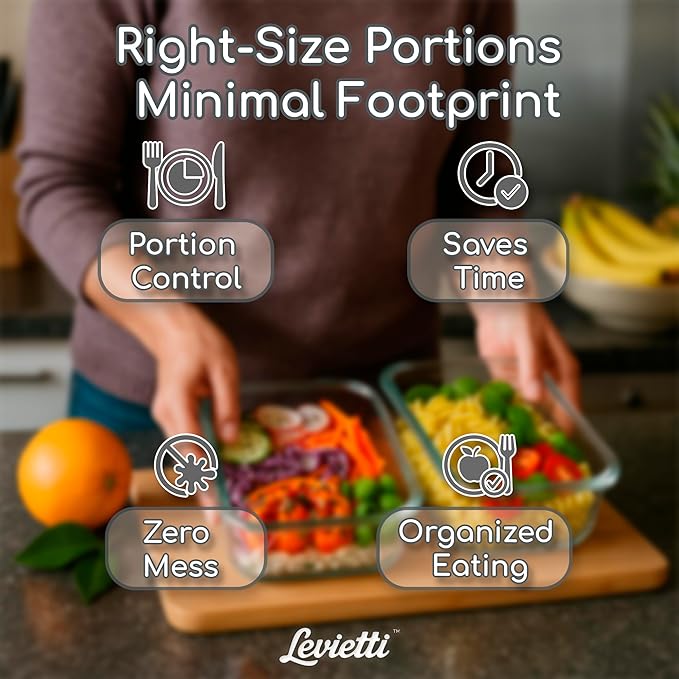 Levietti 2-Pack Borosilicate Glass Containers with Lids 35oz (1040ml) Airtight Leakproof Glass Food Storage for Leak-Free Fresh Meals, Leftovers, BPA-Free Locking Clips - Oven/Microwave/Freezer Safe