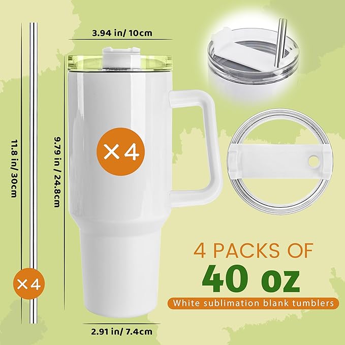 Joyclub 4 Pack 40oz Sublimation Tumbler with Handle Insulated Large Tumbler Bulk, Coffee Travel Cups Stainless Steel Travel Mug for Diy Craft Heat Press Print