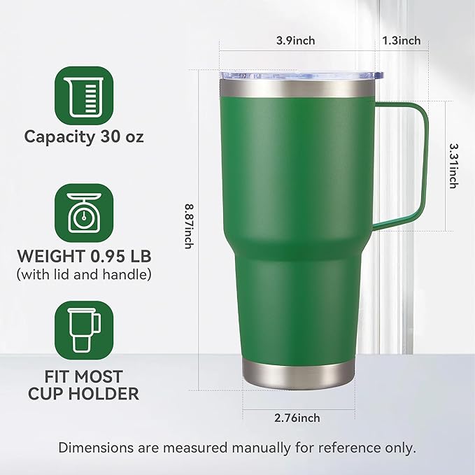 30 oz Tumbler with Handle and Lid, Stainless Steel Tumblers Bulk Double Wall Vacuum Insulated Travel Mug Leak Proof Cup Keep Drinks Cold and Hot Dark Green, 12 Pack