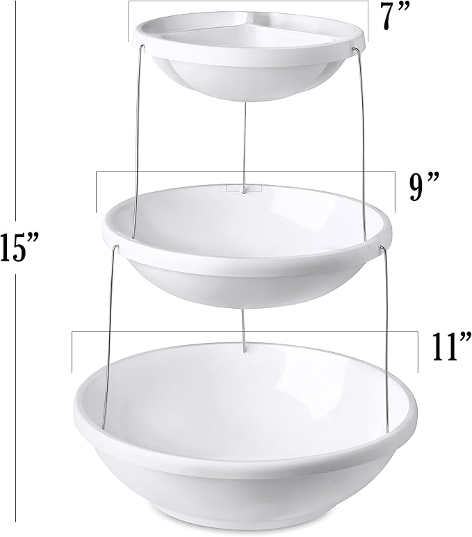 Masirs 3-Tier Collapsible Bowl: Decorative Design Folds for Minimal Storage. Ideal for Serving Snacks, Salad, and Fruit. Top Bowl Divided into Three Sections. (Pack of 2)