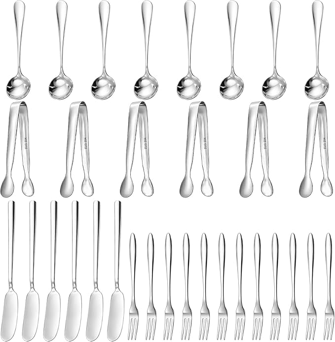 Suwimut 32 Pieces Cheese Butter Spreader Knives Set, Charcuterie Accessories Stainless Steel Cheese Spreader Knives, Mini Serving Tongs, Spoons and Forks for Butter Cheese Jam Appetizer Pastry Making