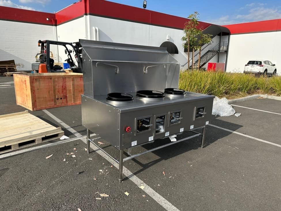 cooler depot Chinese Wok Range with Waterfall, 67"Width 3 hole burner ring propane/natural gas LP NG, NSF Certified