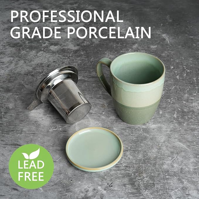 Bosmarlin Ceramic Tea Cup with Infuser and Lid, 16 Oz, 4 Colors to Choose, Dishwasher and Microwave Safe, Steeping Tea Mug with Strainer, Reactive Glaze, (Green)
