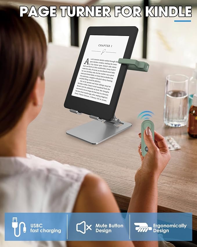 Remote Page Turner for Kindle Reading Accessories, Clicke for iPad iPhone Android Tablets E-Book Reading Noels, Camera Remote Shutter Selfie Controller, Green