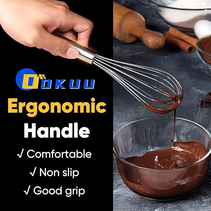 OOKUU Stainless Steel Wire Whisk Set - 3 Packs Balloon Whisk, Thick Wire Wisk ＆ Strong Handles, Egg Frother for Cooking, Blending, Whisking, Beating and Stirring (8"+10"+12")