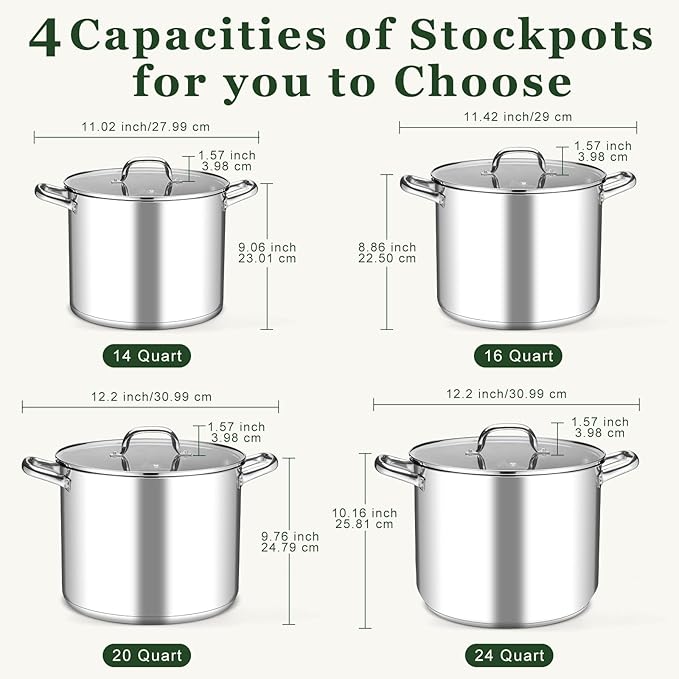 Leonyo Stainless Steel Stock Pot, 24QT Large Pot For Cooking, 18/10 Stockpot with Glass Lid for Stewing Simmering Boiling, Heavy-Duty 3-ply Bottom for All Stoves, Dishwasher Safe & Food Grade Cookware