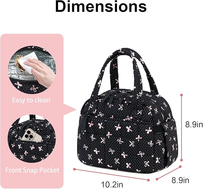 LEDAOU Lunch Box for Women Lunch bag Quilted Puffer Lunch Box Insulated Reusable LunchBox for Work School Picnic Travel (Pink Bow - Black)