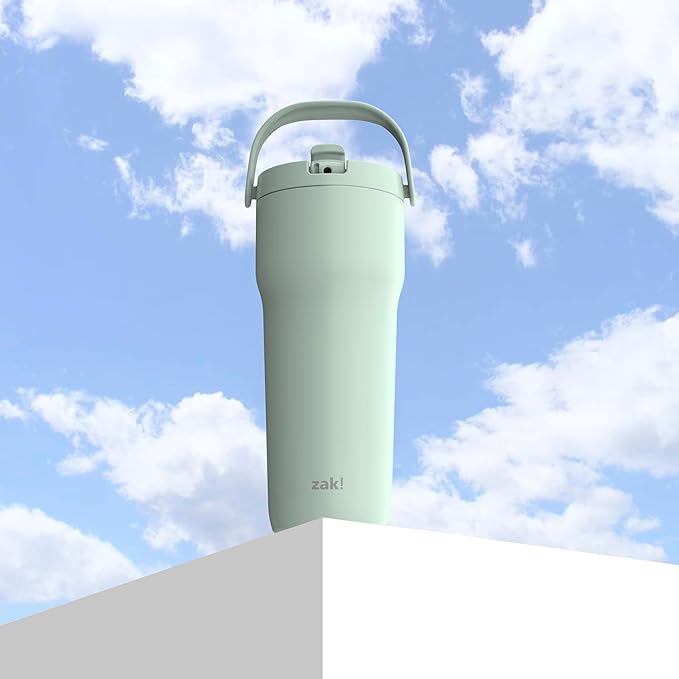 Zak Designs Sutton Travel Tumbler for On the Go, 30oz Stainless Steel with Vacuum Insulation, Straw Spout, Carry Handle for Cold Drinks (Icicle Mint Green)
