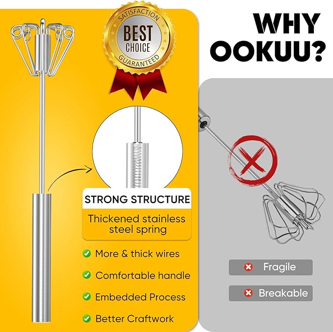 OOKUU Stainless Steel Egg Whisk, Semi Automatic Whisk Blender - Versatile Tool for Blending, Whisking, Beating & Stirring (12in)
