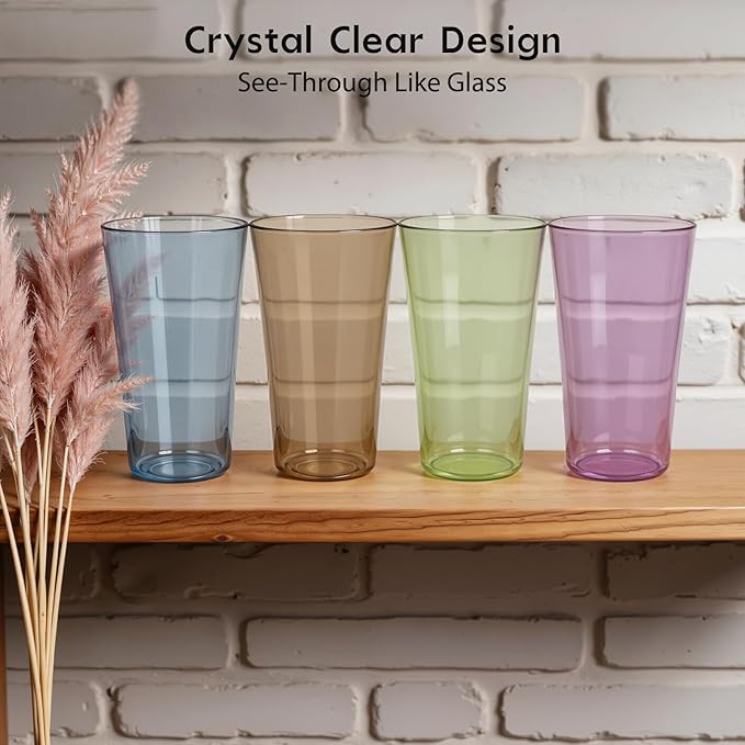 Freshmage 8 Pack Plastic Reusable Drinking Glasses, 20oz Colorful Drinking Cups, BPA-Free, Shatter-Proof, Dishwasher & Microwave Safe, Stackable Tumblers for Home, Outdoor, Party, Picnic, Pool