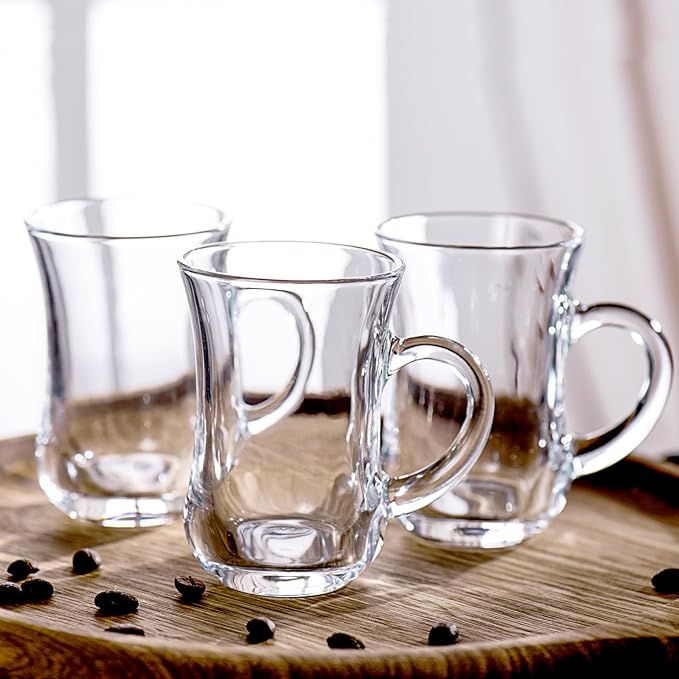 Turkish Tea Glasses With Handle - Tea Cups Set of 6 - Slim Waist Thick Sole Tea Glass for Hold Cold Drinks, 5 oz / 150ml
