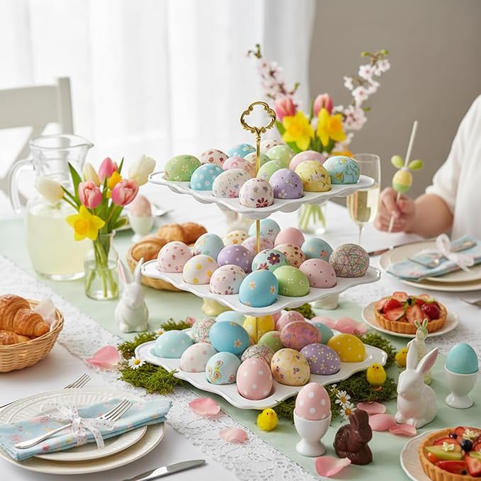 3 Tier Easter Ceramic Deviled Egg Platter 36 Hole Square Deviled Egg Tray Contain Detachable Eggs Holder Tower Easter Party Food Container for Kitchen Countertop Dishwasher Freezer Wedding Tea Party