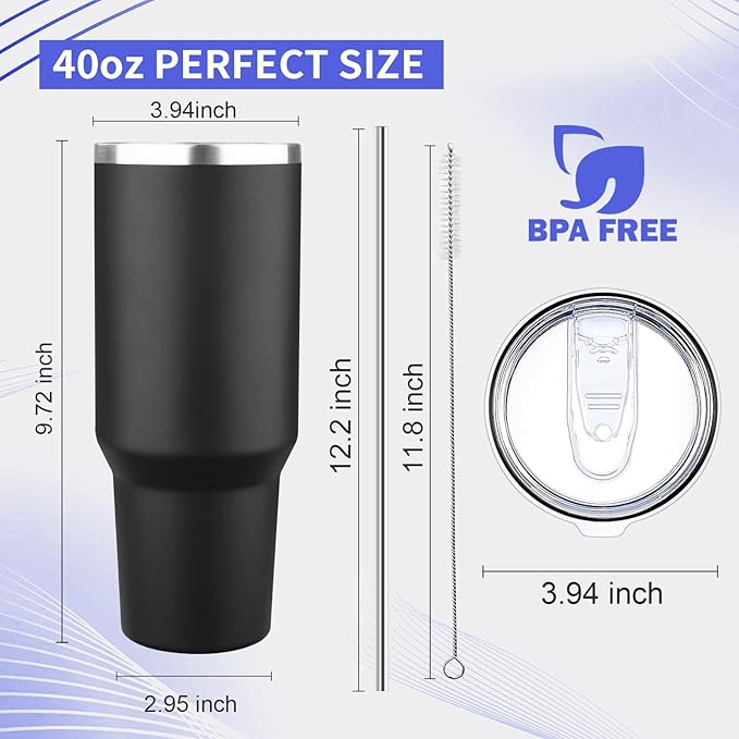 40 oz Tumbler with Lids and Straws Double Wall Vacuum Insulated Tumbler Cup,Stainless Steel Leak-proof Thermal Tumbler Powder Coated Travel Coffee Mug for Cold and Hot Drinks,Black