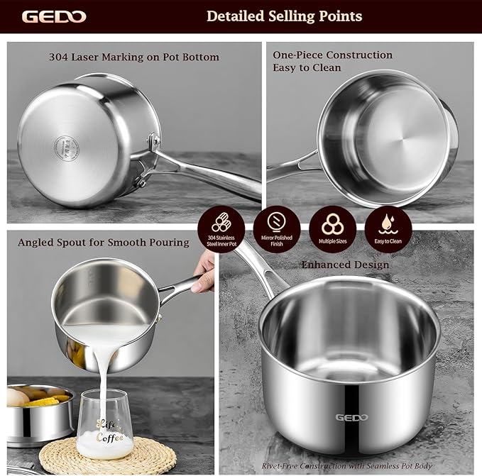 GEDO 3-Ply 304 Stainless Steel Saucepan with Lid, One-Piece Rivet-Free & Seamless Design, Angled Spout & Heat-Resistant Handle, Universal Stovetop Compatible for Indoor Cooking (6.3in / 16cm Size)