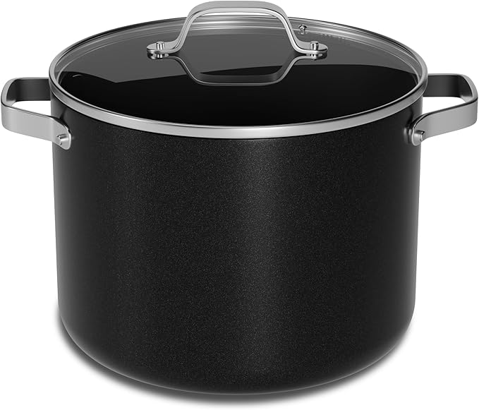 Bakken 12.5 Quart Ceramic Coated Stock Pot with Lid, Easy Clean Nonstick Pot, Tempered Glass Lid, Riveted Stainless Steel Handles, Oven Safe Up To 500°F, PTFE & PFAS Free, All Stove Compatible, Black