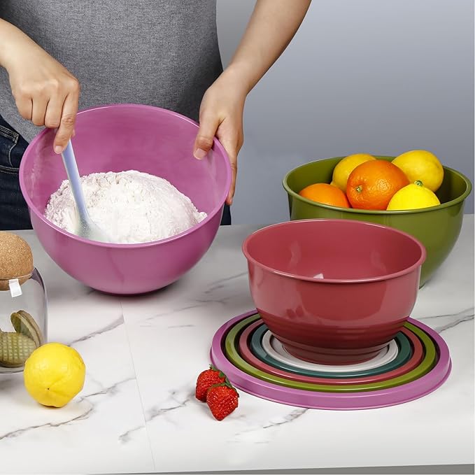 Plastic Mixing Bowls with Lids Set for Kitchen, Nesting Bowls for Mixing, Baking, Prepping, Cooking and Serving Food, Mixing Bowls Dishwasher, Microwave Safe (Purple)
