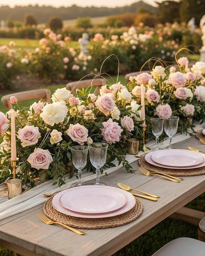 PULOTE 100PCS Pink Plastic Plates - Heavy Duty Pink and Gold Disposable for Party, Wedding, Easter, Include 50 Each (Dinner & Dessert) Plates