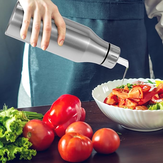 QWORK 304 Stainless Steel Olive Oil Dispenser Bottle, 25oz Oil Decanter with Easy Pour Spout, Anti-Drip Design, 750ml Oil Cruet for Kitchen Cooking & Salad Dressing, 2.9W x 10.2H