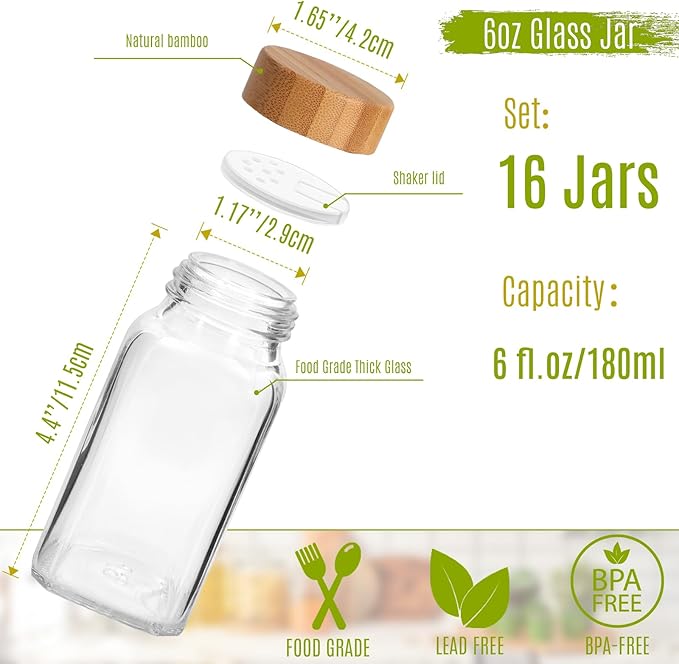 Keketin 16 Pack 6 oz Glass Spice Jars with Bamboo Lids and Spice Labels,Empty Square Seasoning Bottles,180ml Glass Spice Container with Shaker Lids and Funnel