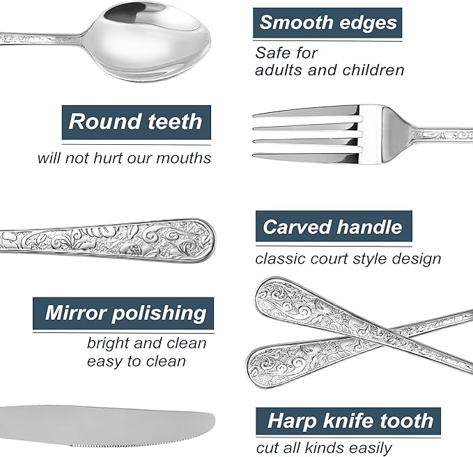 Runfly Vintage Carved Stainless Steel 20 Pieces Flatware Set, Silverware Set, Modern Embossed Cutlery Set Utensils Including Fork Spoon and Knife