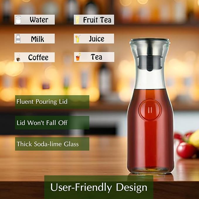 Karafu 33.8 Ounces/1 Liter Glass Carafe with Lid, Heavy Duty Pitcher for Cold Water, Cold Brew Coffee, Milk, Wine, Ice Tea and Juice Beverage