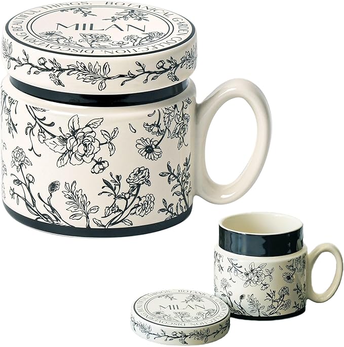 12.9oz Ceramic Coffee Mug with Lid,Flower Patterned Porcelain Mug,Ceramic Tea Cup Coffee Latte Mug for Office and Home,Black,1 Piece