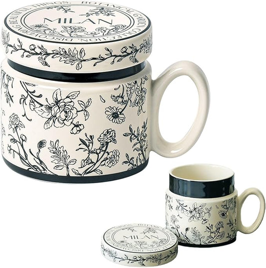 12.9oz Ceramic Coffee Mug with Lid,Flower Patterned Porcelain Mug,Ceramic Tea Cup Coffee Latte Mug for Office and Home,Black,1 Piece