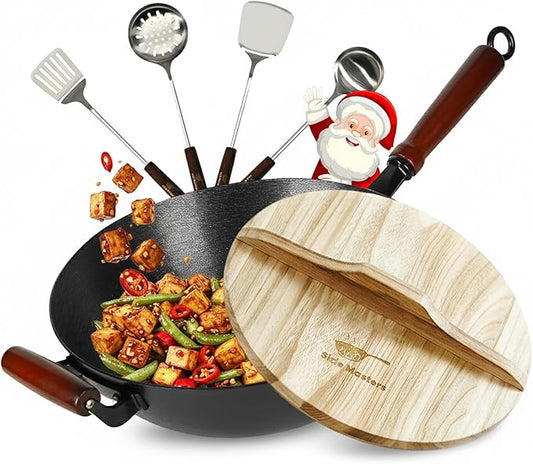 Pre-Seasoned Cast Iron Nonstick Stir-Fry Pan | Dual Handles & 4 Spatulas | Flat Bottom Wok with Wooden Lid & Wood Handle | Traditional Chinese Induction Wok (34cm)