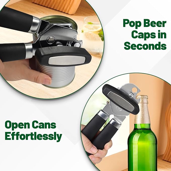 Can Opener Multifunction Manual Can Opener Features Black Stainless Steel Construction Open Can Beer Bottle for Daily Kitchen Use Seniors and Arthritis Hands