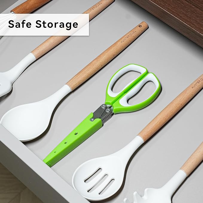 5 Blades Herb Scissors - Professional Kitchen Shears with Safety Cover for Cutting Green Onions, Fresh Herbs, Vegetables & Salad Food Prep, Must-Have Cooking Gadgets, Dishwasher Safe