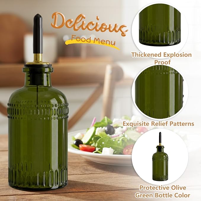 1 Pack Olive Oil Dispenser 7oz, Olive Green Glass Bottle with Metal Spout and Lid, Vinegar Cruet Kitchen Small Oil for Cooking, Salad, Baking (Elegant)