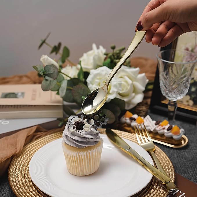 N9R 200PCS Gold Plastic Silverware, Heavy Duty Disposable Cutlery Set for Parties, gold forks and spoons disposable Includes 100 Spoons and 100 Forks for Wedding, Birthday, Dinner