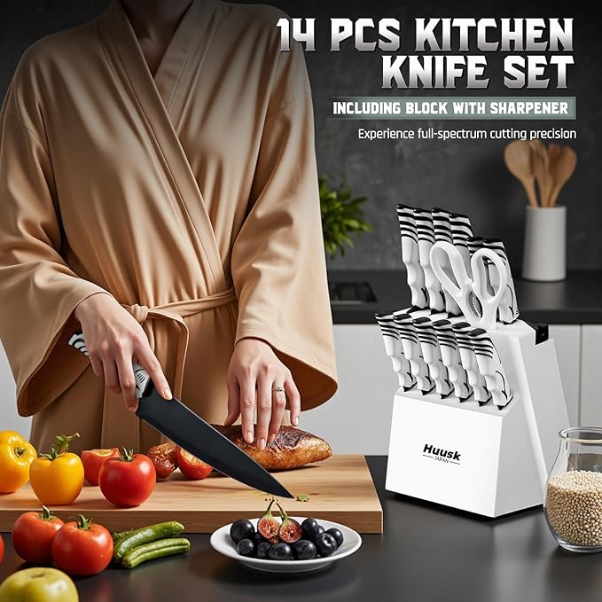Huusk Knife Block Set with Sharpener - White Kitchen Knives Set with Wooden Knife Block - Ideal Housewarming Gifts for New Home - Chef Knife Set with Kitchen Shears - Christmas Gift for Men and Women