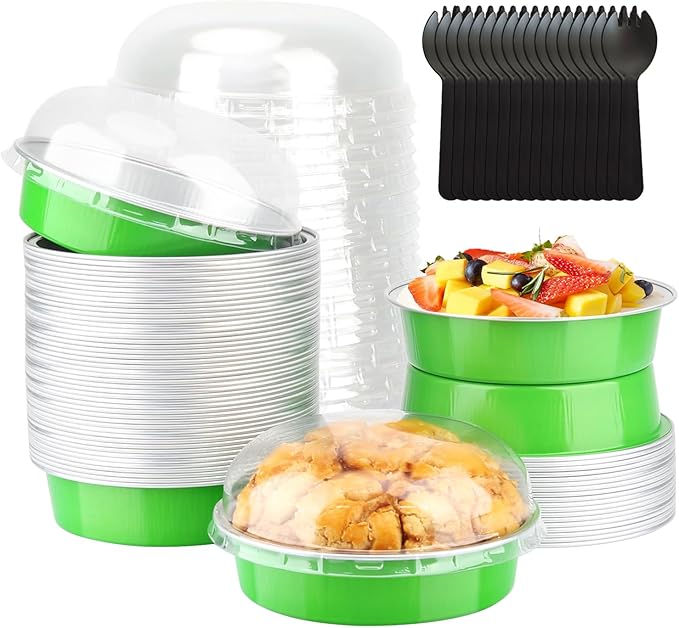 LNYZQUS 8oz Mini Cake Pans with Dome Lids 50 Pack, 4” Aluminum Pans Small Pie Tins Ramekins,Disposable Small Tart Baking Cups Individual Cake Tins Creme Brulee Contaniers-Green