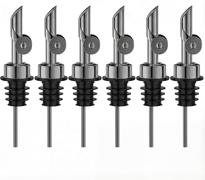 Auto Flip Liquor Pour Spouts 6-Pack, Leak-Proof 304 Stainless Steel Wine Pourer & Olive Oil Dispenser with Food-Grade Silicone for Kitchen, Bar, Restaurant (Black)