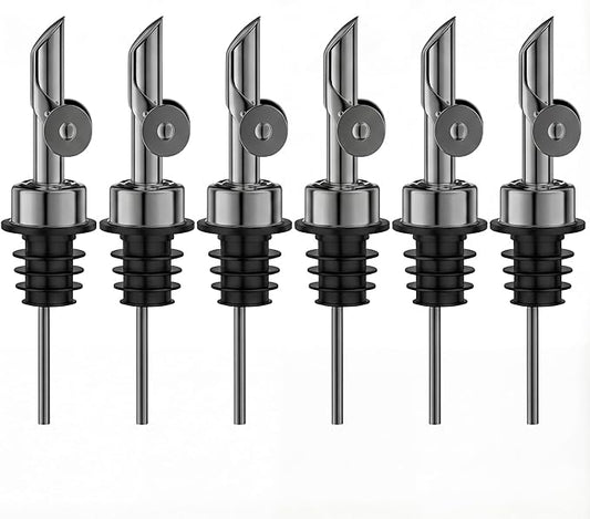 Auto Flip Liquor Pour Spouts 6-Pack, Leak-Proof 304 Stainless Steel Wine Pourer & Olive Oil Dispenser with Food-Grade Silicone for Kitchen, Bar, Restaurant (Black)
