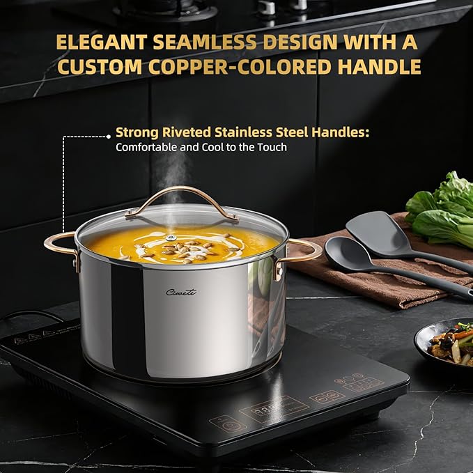 8 Quart Stock Pot with Lid, Upgraded Tri-Ply Stainless Steel Pot, Seamless Soup Pot with Stay-Cool Brass Handle, Healthy Polished Stockpots, Induction Cookware, Oven and Dishwasher Safe