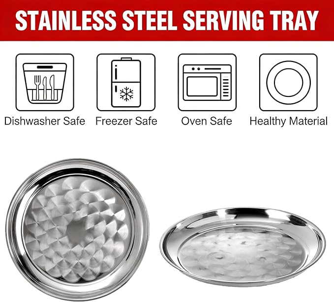 8 Pack Stainless Steel Round Serving Tray, 12 Inch Silver Oven Baking Tray, Dishwasher Safe Sturdy Metal Display Tray for Coffee Table, Bar, Party, Club, Home, Ottoman