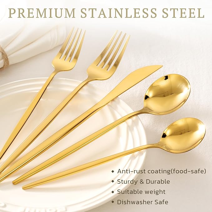 Astercook Silverware Set 48-Piece Gold Flatware Set with Steak Knives Food-Grade Stainless Steel Cutlery Set for 8 Mirror Polished Utensils Set for Home Kitchen Restaurant Valentine's Gift