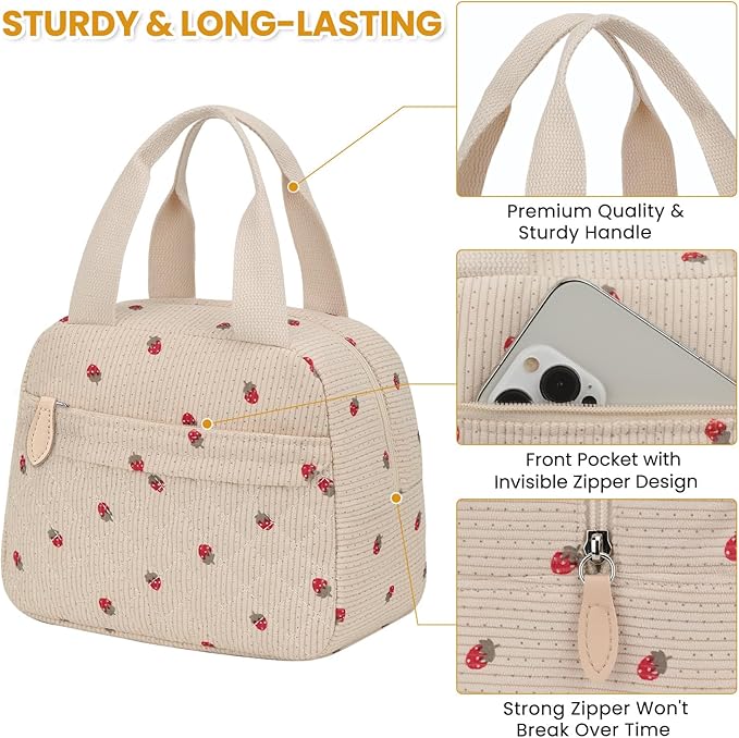 Insulated Lunch Bag for Women, Portable Lightweight Lunch Box for Adults, Reusable Lunch Tote Cooler Bags with Front Zipper Pocket for Work School Picnic,Corduroy Strawberry,Large