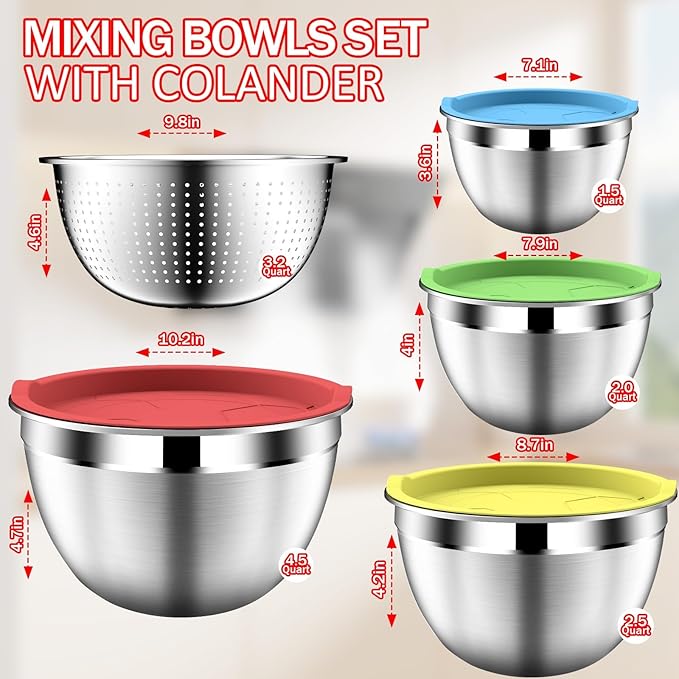 Mixing Bowls with Strainer, Mixing Bowl with Lids Set, Stainless Steel Mixing Bowls, Kitchen Gadgets Salad Bowls with Strainer for Mixing & Preping & Serving, Multicolor