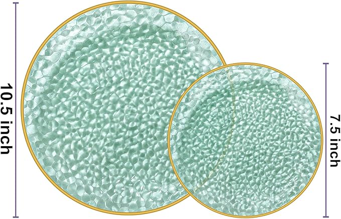 Rubtlamp 60 Green Plastic Plates, Hammered Clear and Gold Disposable Plates, Grenn Disposable Plates Include 30 Dessert Platos, 30 Dinner Platos for Party