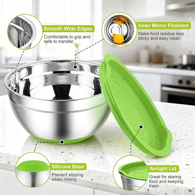 TeamFar Mixing Bowls, Stainless Steel Mixing Bowls with Lids, Nesting Salad Bowls with Air-tight Lids & Non-slip Bottom, Dishwasher Safe & Stackable, Set of 6-4.6/2.6/2 / 1.5/1 / 0.7 Qt