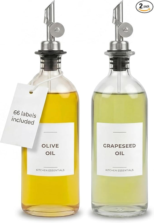 Oil Dispenser for Kitchen - Glass Olive Oil Bottle Set of 2 (16.9oz) with Silver Stainless Steel Weighted Self-Closing Pourer - Cooking Oil Dispenser with 66 Labels, Aligner & Funnel