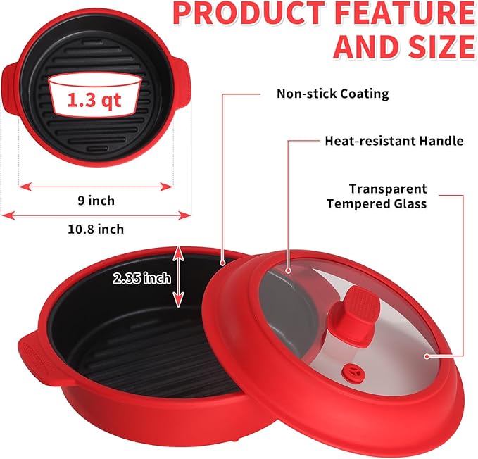 GLOU-GLOU GOOSE GGG Microwave Grill Pan, Fry Griddle Crisper Pan with Lid for Grilling Browning and Crisping Foods Microwave Silicone Cookware for Meat Sandwich Vegetable Red