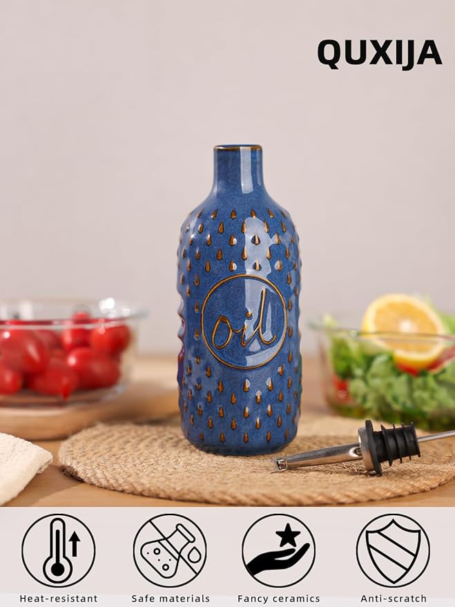 Ceramic Olive Oil Dispenser Bottle,15 Oz Oil Dispenser for Kitchen Counter,Suitable for Storage Oil, Vinegar, Coffee Syrups & Other Liquids (Vintage Blue)