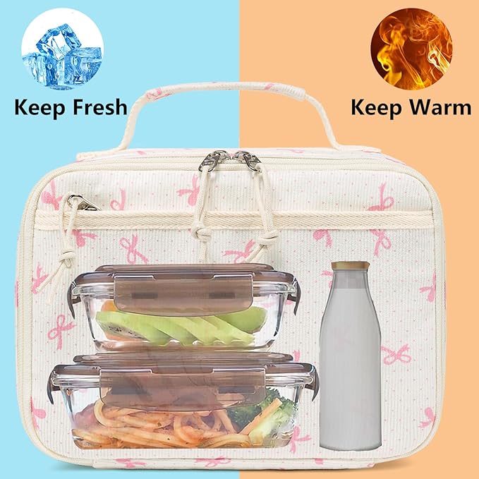 LEDAOU Lunch Box Kids Insulated Lunch Bag Girls Toddler Reusable Lunchbox for School Picnic Hiking (Pink Bow)